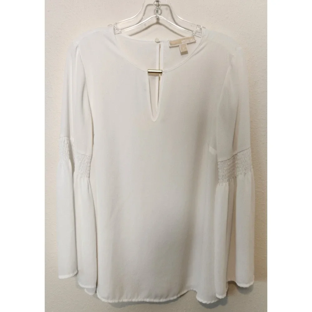 Michael Kors White Chiffon Top Peasant Elastic Smocked Sleeves Keyhole Front Med